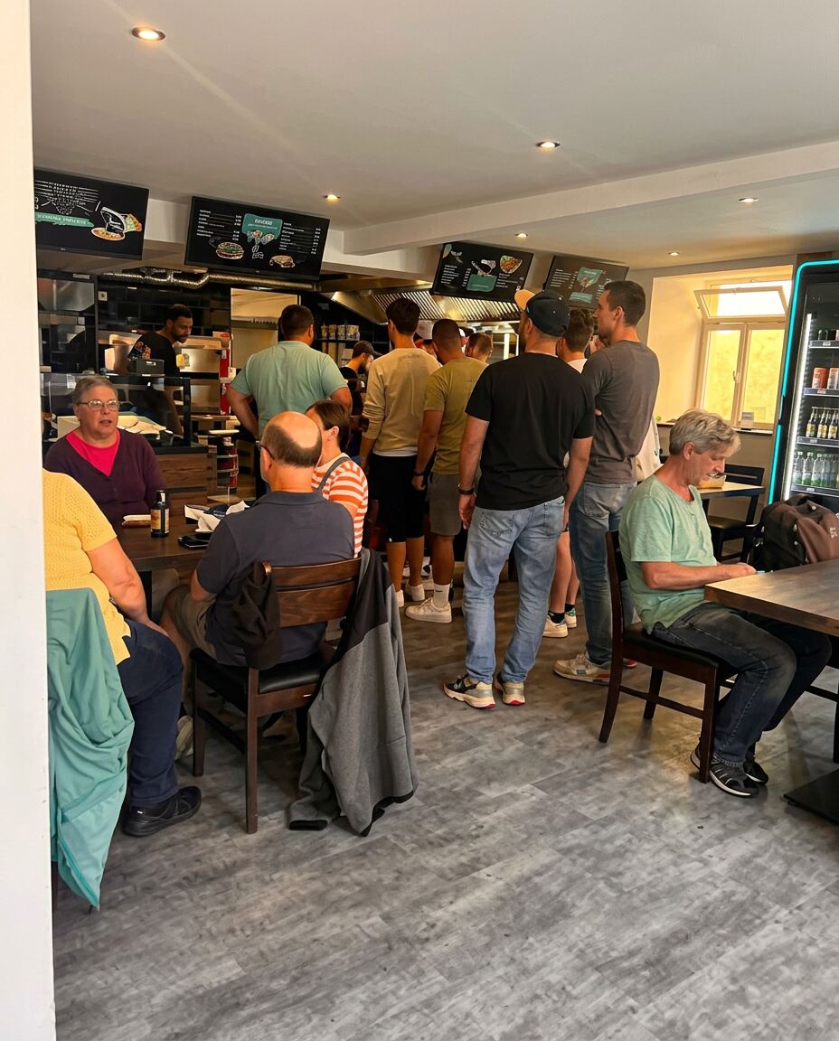 Gastraum von Tasty Riviera mit Gästen an der Theke